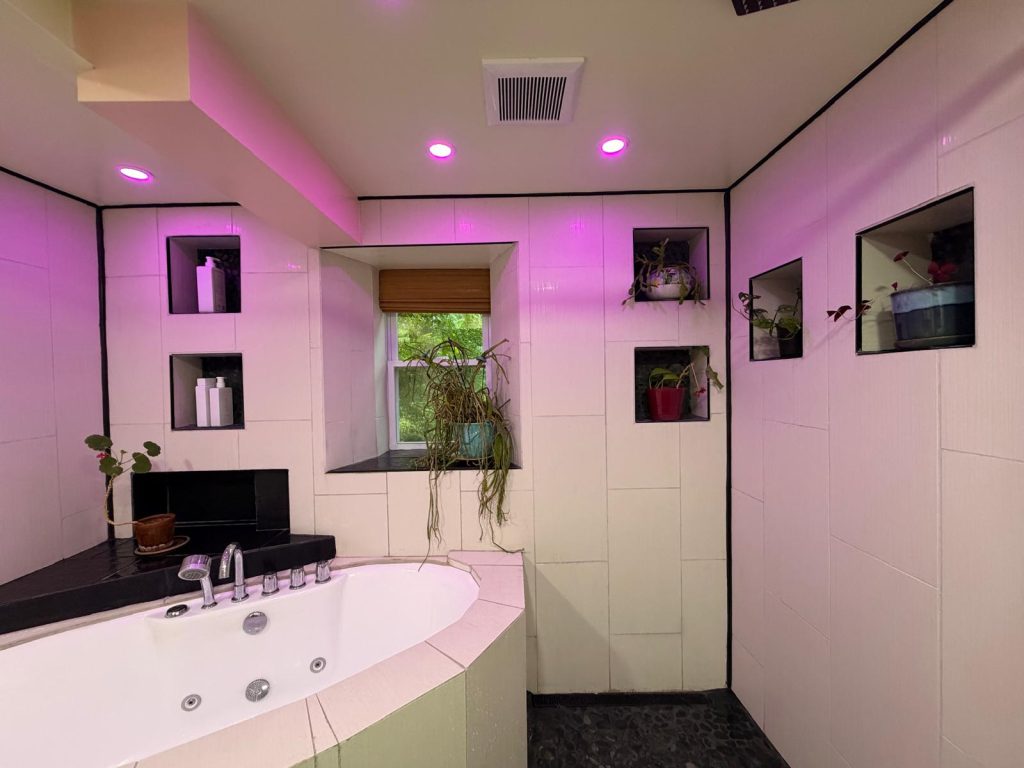 The finished bathroom under magenta accent lighting, with a soaking tub, black stone surround and plants in tiled niches.