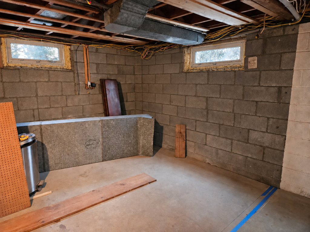 The bedroom before work: concrete block walls, open joists overhead, exposed ductwork and a small undersized basement window.